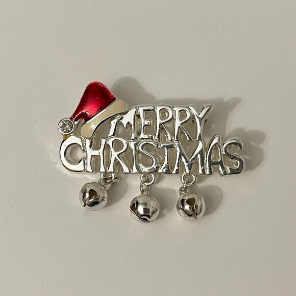 Vintage Merry Christmas Brooch Jingle Bells Pin - Picture 2 of 15